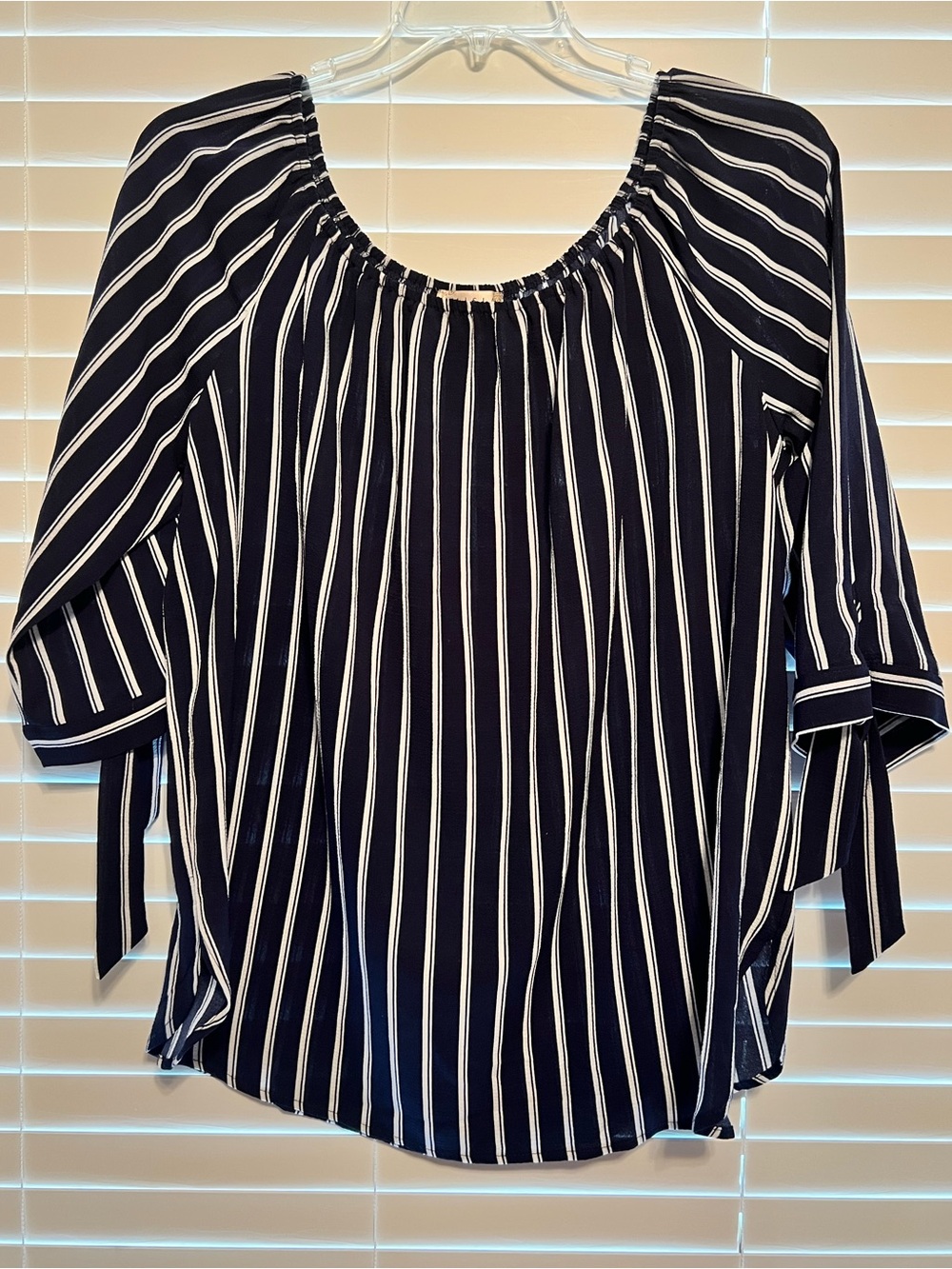 Misia Navy and White Vertical Stripe Off-Shoulder Blouse
